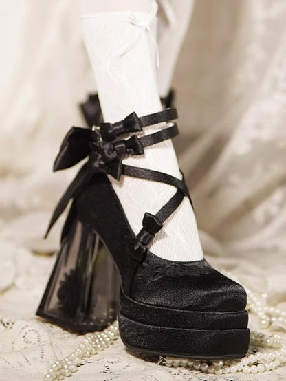 Black Camellia Flower High Block Heel Elegant Platform High Heels