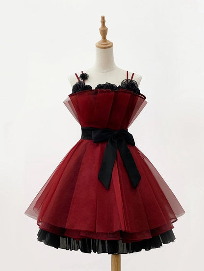 Black Dress Neckline Party Jumper Birthday Straps Floral Red and Lolita Skirt Spaghetti