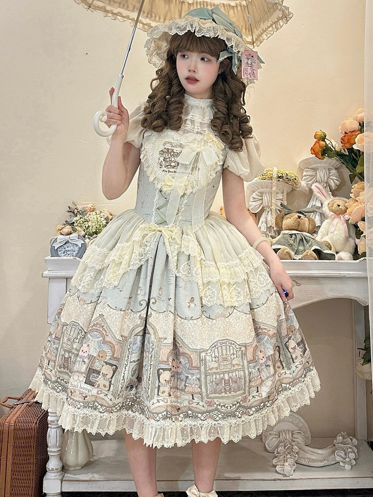 Green / Beige Boned Waist Teddy Sweet Lolita Jumper Skirt