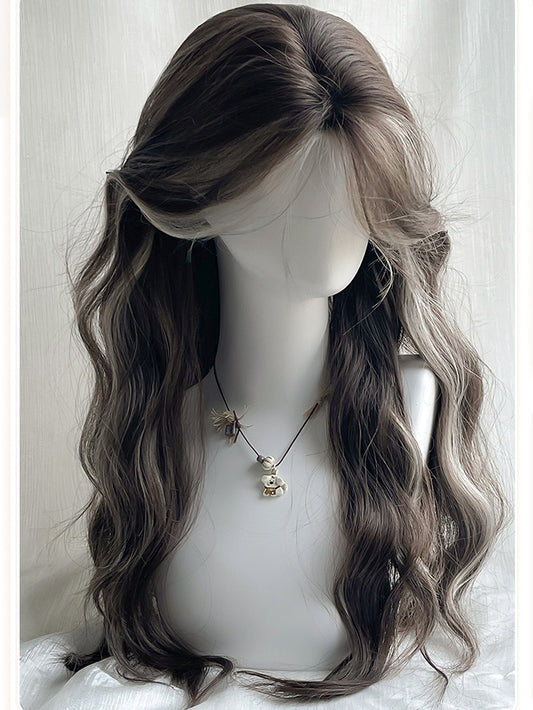 And Bangs Brown 65CM Highlight Wig Length Curtain Wavy Gray With