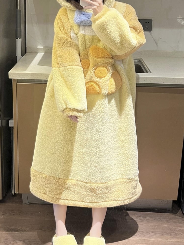 Plush Yellow Mouse Ear Kiity Ear Design Thick Hooded Nightdress