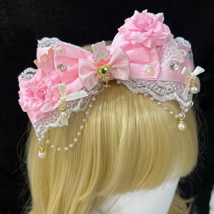 Charm Beaded Lace Trim Pink Decorated Rhinestone Design Floral Bowknot Hairclip Bear