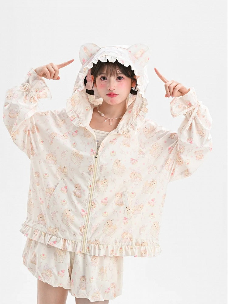 Cuffs Kitty Beige Allover Kitty Print Hood Sun Protection Jacket Ears Drawstring