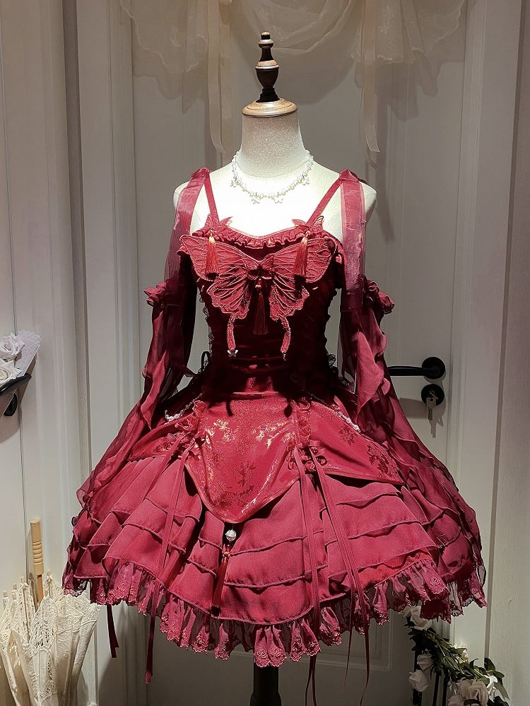 Tassels with Fairy Jumper Sleeves Butterfly Cascading Decorated Skirt and Red Lolita Ruffle