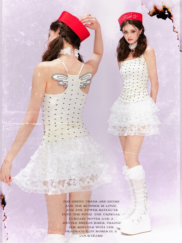 Beige Allover Design Back Cami Top Bowknot Print Wing