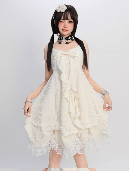 Big Bow Neckline Lace Skirt Apricot Cami Dress Trim Bubble