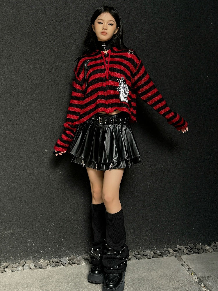 Punk Black Zippers and Criss-cross Straps Adorned Studs Knit Leg Warmers