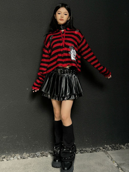 Punk Black Zippers and Criss-cross Straps Adorned Studs Knit Leg Warmers