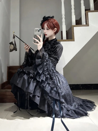 Shirt Layered with Gothic Sleeves Bowtie All Kuro Bell Black Lolita