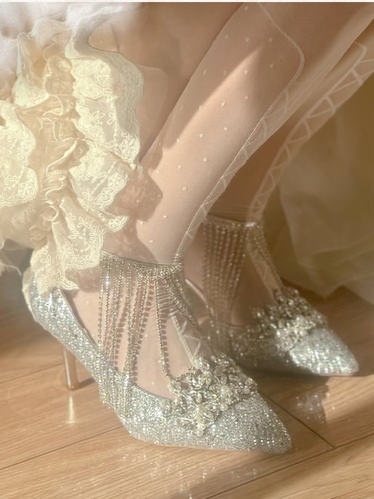 Silver Pointed Toe Rhinestone Sequin High Heels with Tassel