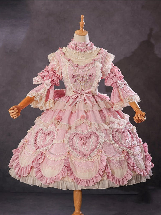 Rosette Embroidery Floral and Bead Chain Details Pink Gorgeous Hanayome Lolita Dress