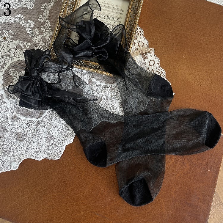 Black Floral Underknee Socks/Bowknot Trims Pattern Tights/Lace Leg Stockings/Tulle Loop