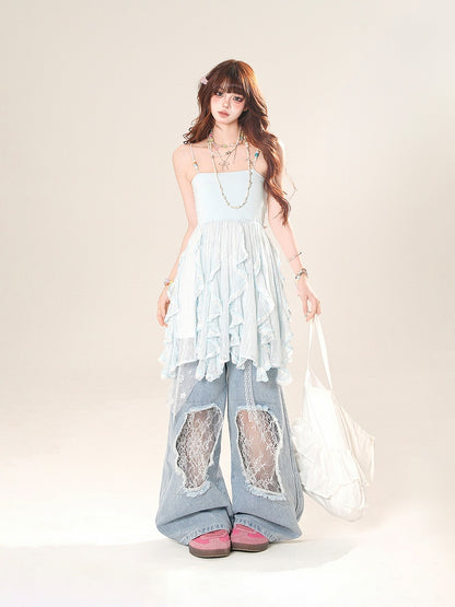 Lace Waist Accessory Patches Blue Low Wide-Leg Jeans with Waist Distressed Holes
