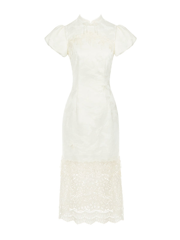 Slit Panel Banded Hem Side Dress Lace Qi Lolita Collar Butterfly Qipao Jacquard
