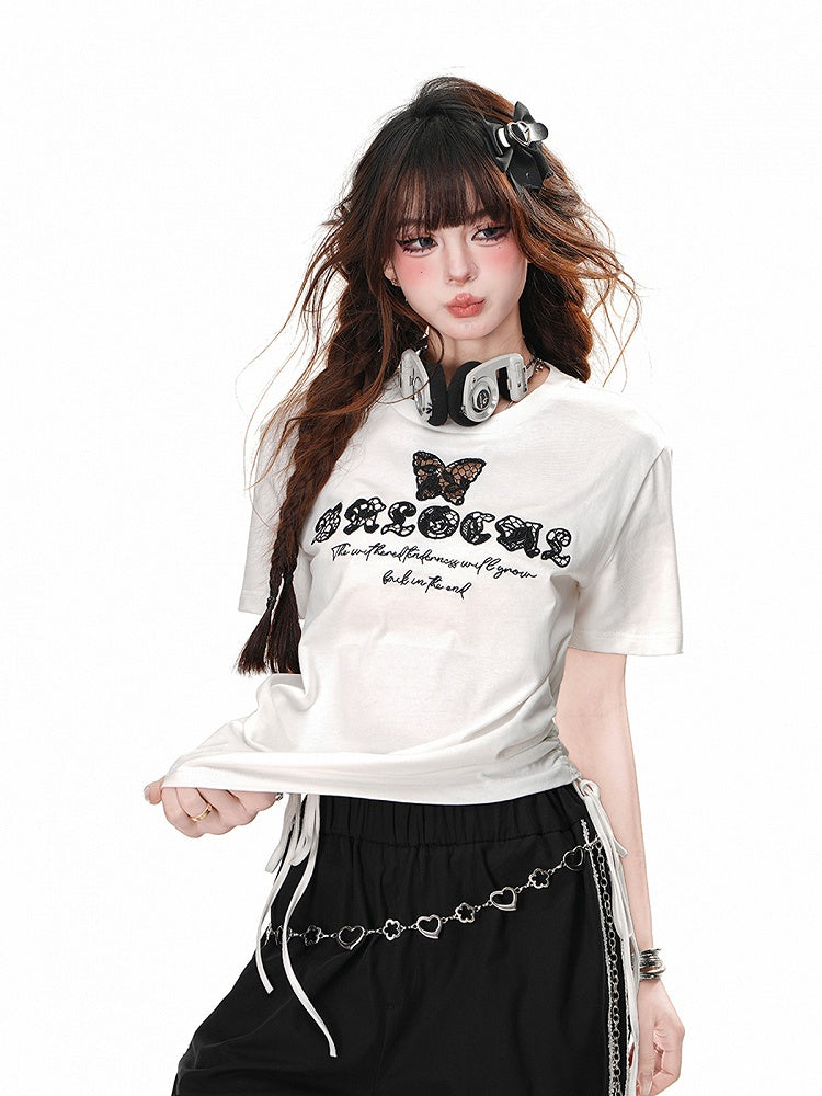Black/White Butterfly-Shaped Cutout Details Drawstring Waist Glamorous  T-Shirt