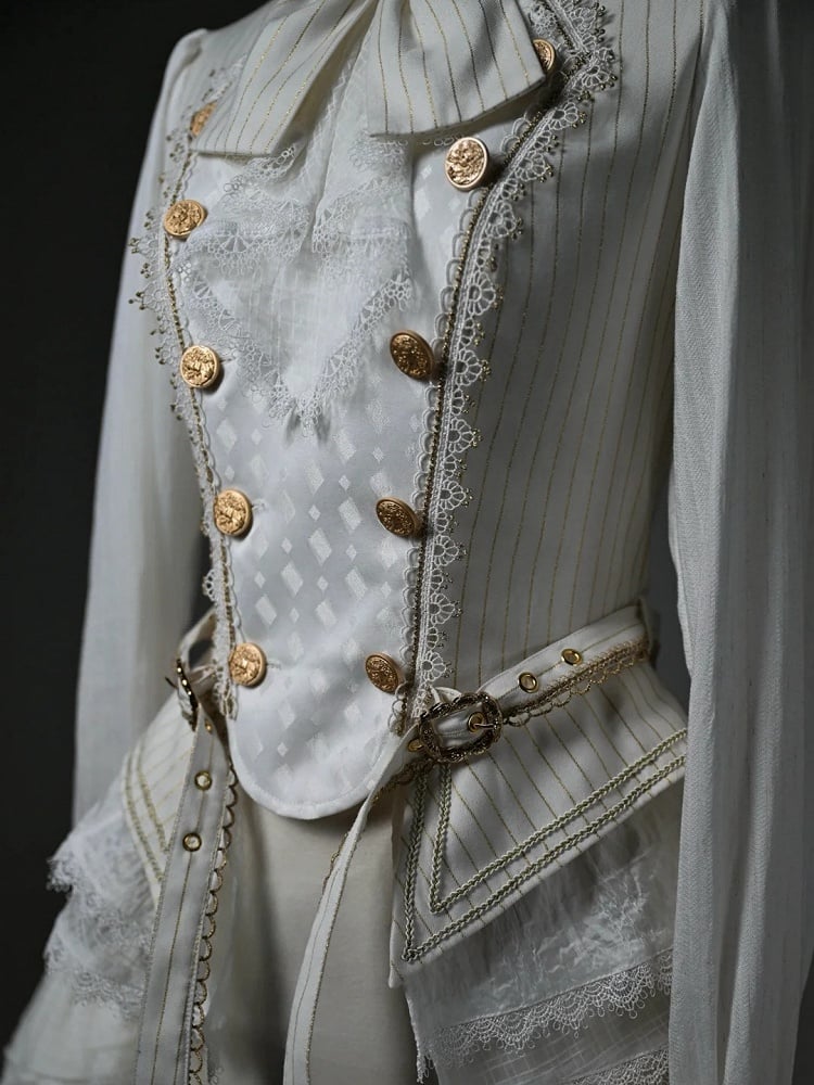 White Jabot Long Cuffs Ruffle Neckline Cadcading Sleeves