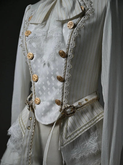 White Jabot Long Cuffs Ruffle Neckline Cadcading Sleeves