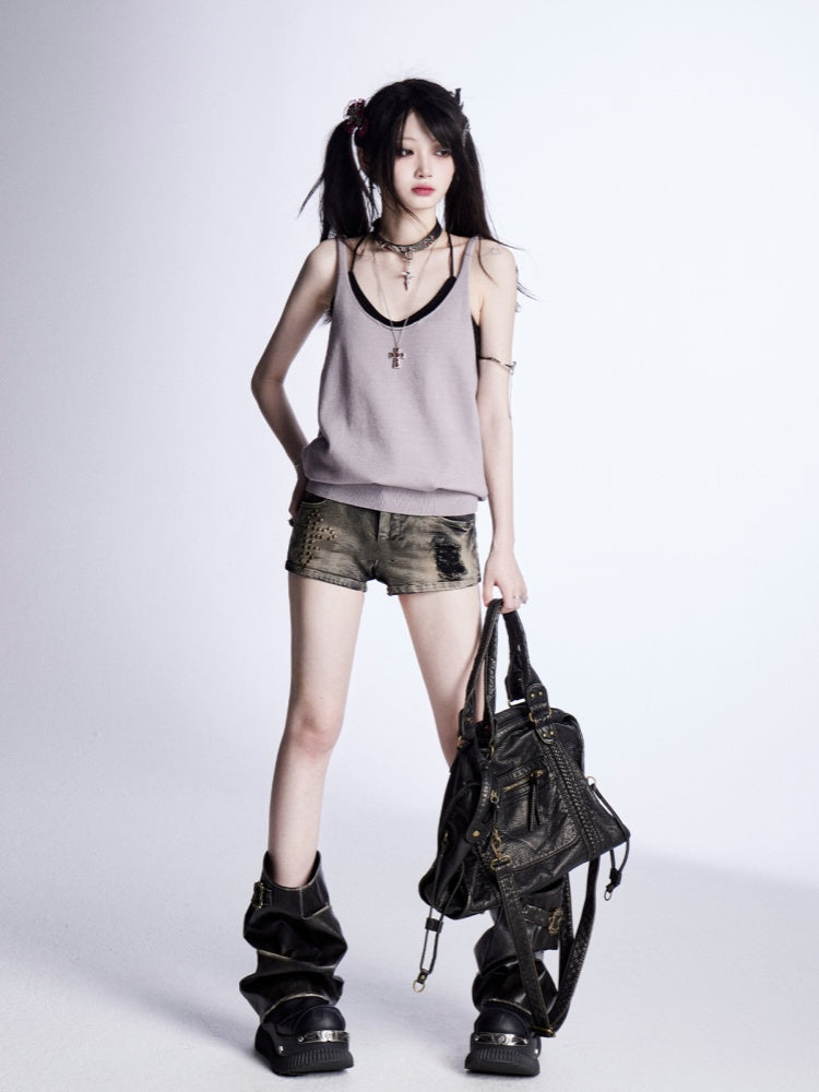 Red/Gray Glamorous Top Backless Knitted Tank