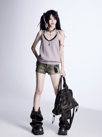 Red/Gray Glamorous Top Backless Knitted Tank