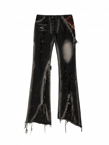 Straight-Leg Flare Black Punk Distressed Holes Jeans with Red Plaid Patchwork