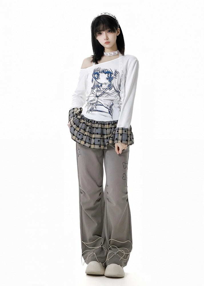 Pants Straight-leg Black/Gray Bittersweet Bone and Star Embroidery Cuffs Drawstring