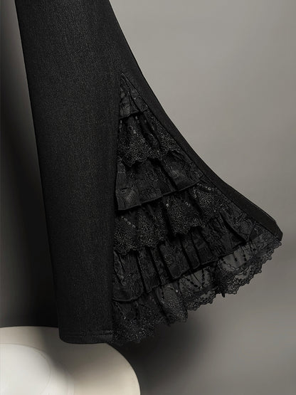 Tiered Patches Pants Lace Flared Cuffs Black