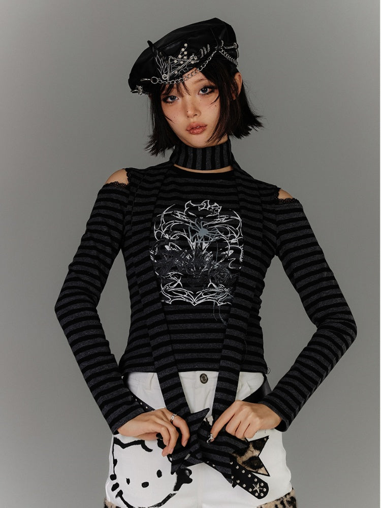 mit Schal Schwarz Grau Gestreift Cutout Schulter Grafik Top Star Punk