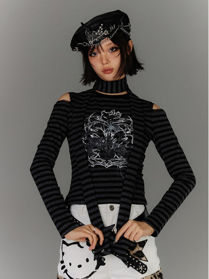 mit Schal Schwarz Grau Gestreift Cutout Schulter Grafik Top Star Punk