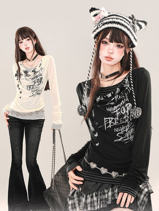 Apricot/Black Graphic Mesh Fake Two-piece Striped Long Sleeves Top