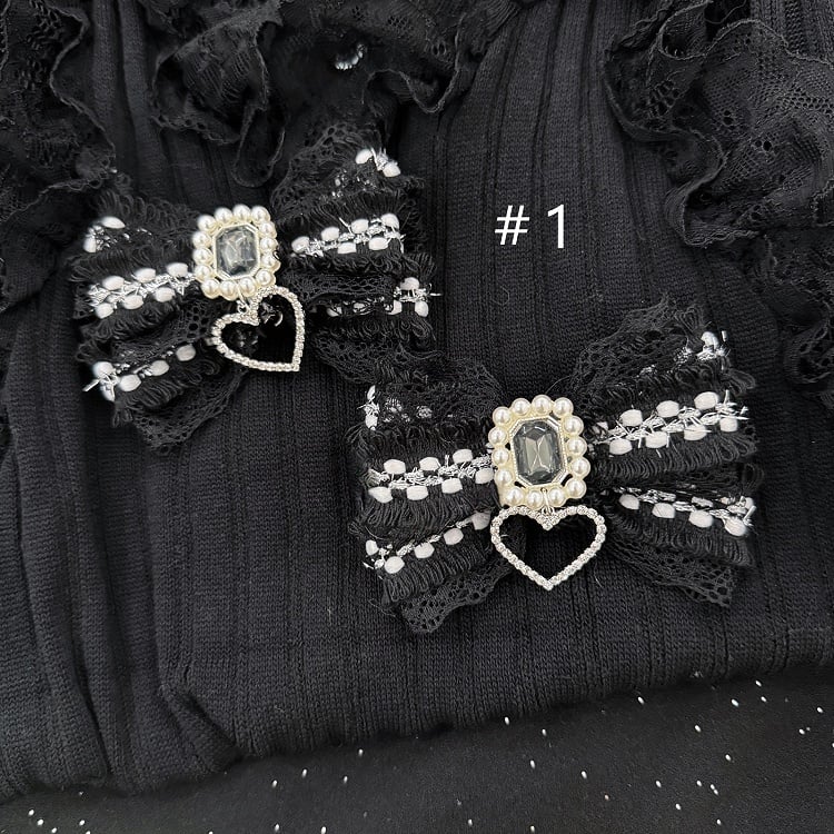 Black Jirai Kei Rhinestone with Heart Charm Bowknot Hairclips