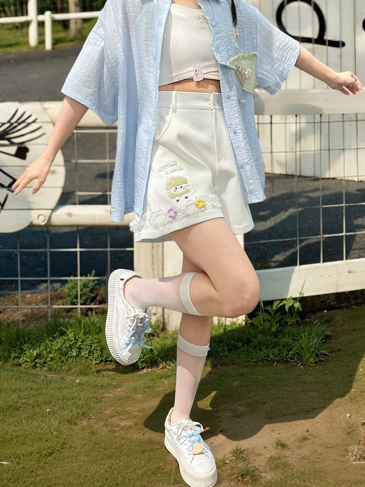 Floral Lace Trim White Shorts Lamb Embroidery Accents
