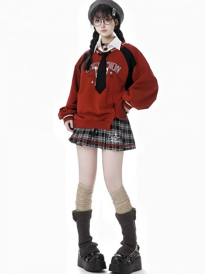 Red SideSlit Shirt Collar Preppy Style Sweatshirt with Free Tie