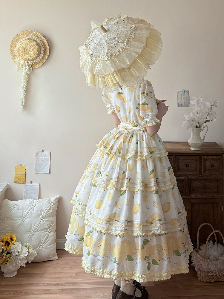 Short Front Lemon Sleeves Button Tiered Lolita Print Placket Skirt Dress White Chick and
