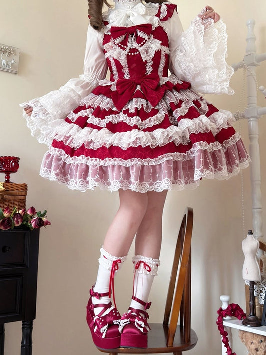 Decorated Bows Skirt Jumper White Lolita Lace Dress Hanayome Red Trims