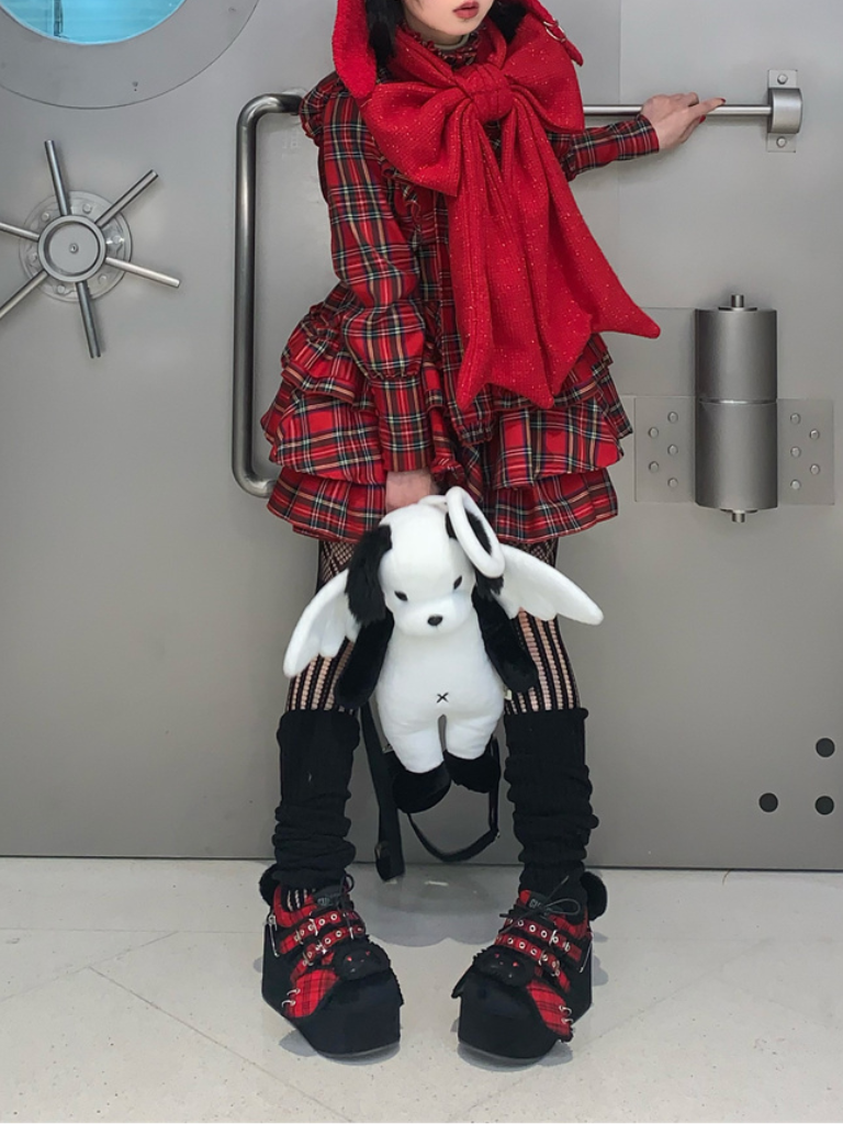 Bunny Shoes Dark Red Check Red All Platform