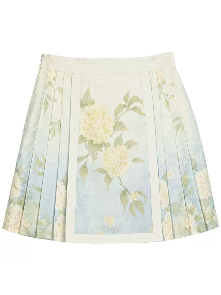 Chemise chinoise + jupe + gilet à manches bouffantes en jacquard