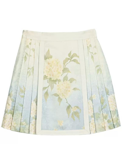 Chemise chinoise + jupe + gilet à manches bouffantes en jacquard