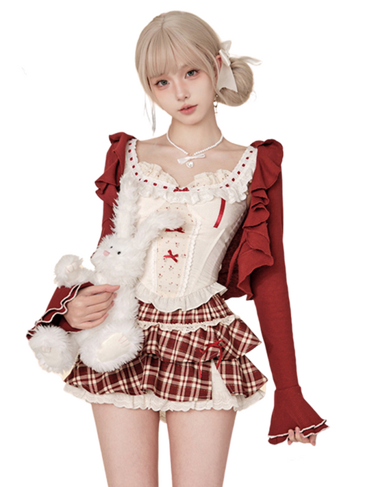 Wine Cherry Red Skirt + Top Waist Vest Cardigan Red Summer Red Check + High Sweet Suit