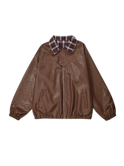 Veste rétro à col à carreaux en cuir ample américain