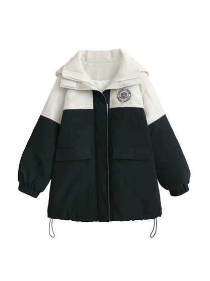 Veste à capuche style universitaire en duvet de pingouin blanc