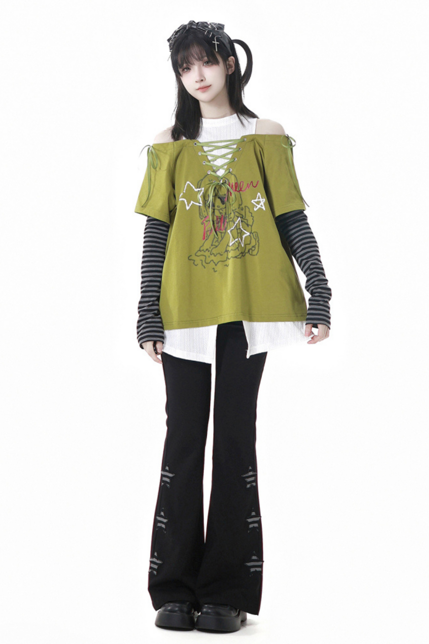 Lace-Up Flared Pants Illustrated Top Subculture + Girl