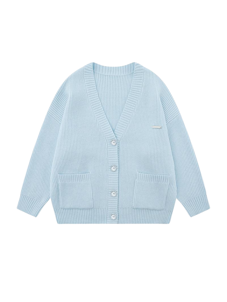 Loose Knit Cardigan Blue Ribbed Cream