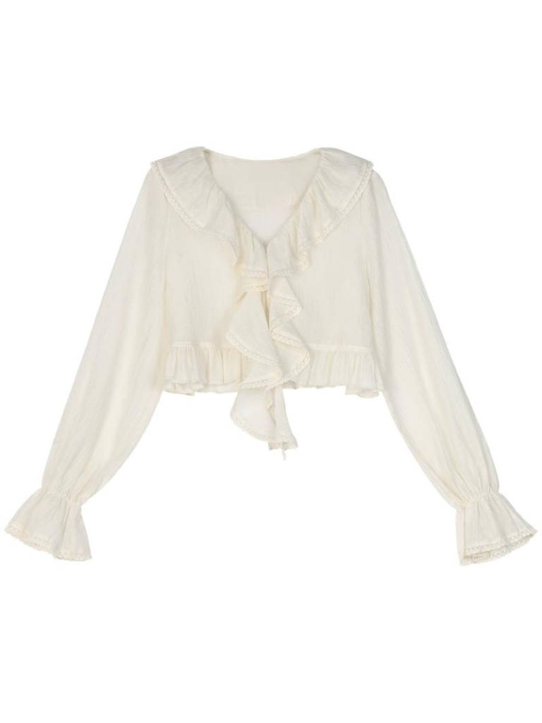 Robe en dentelle florale à volants sur les épaules, veste imprimée romantique