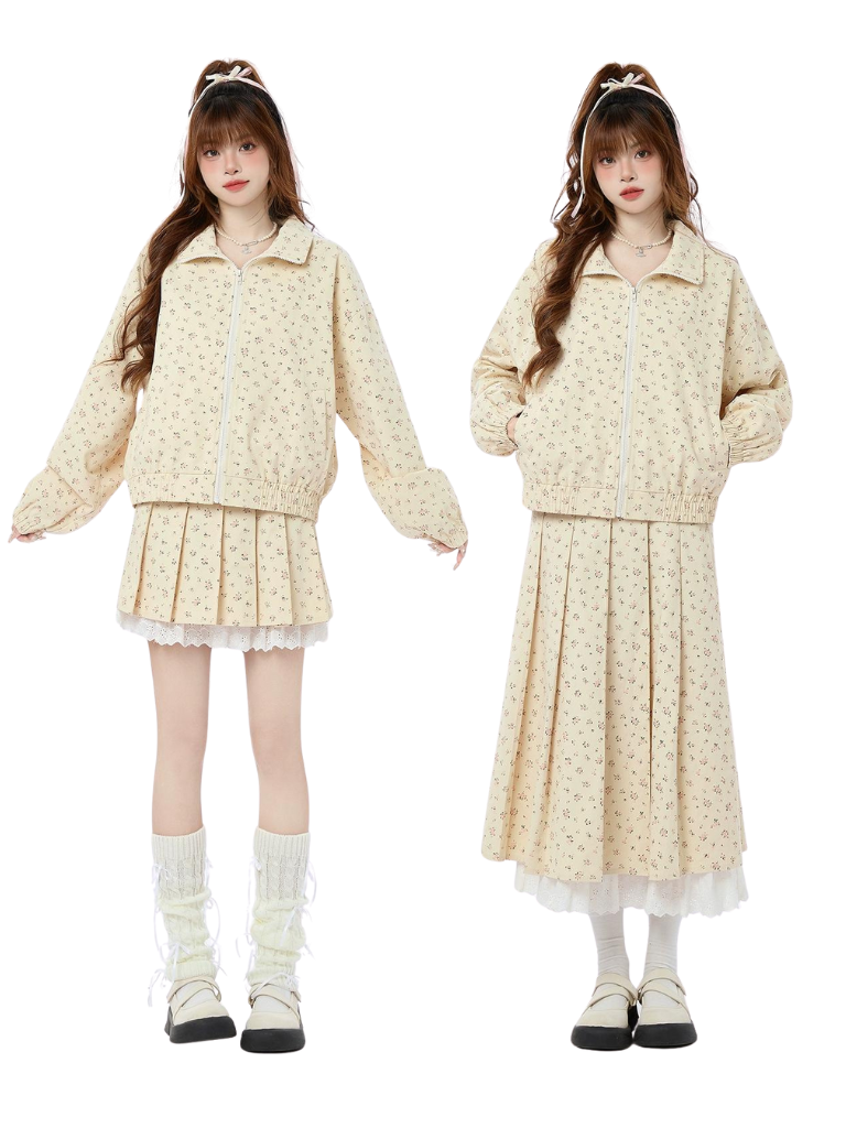 Veste en dentelle plissée zippée, petite, courte/longue + jupe roulée
