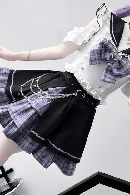 Set Sailor Flared Check Top + Skirt Mine