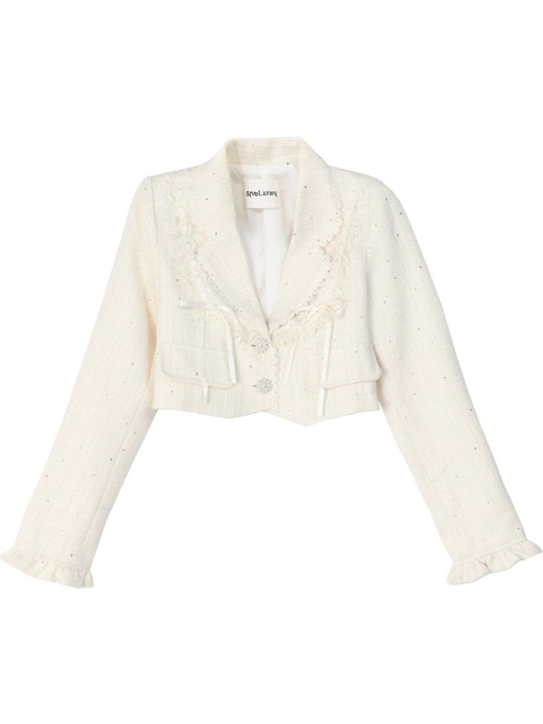 Ensemble + Jupe courte à volants Veste à lacets en tweed plissée
