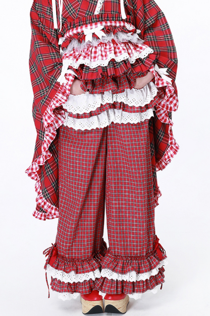Check Lace Ruffle Retro Long Pants