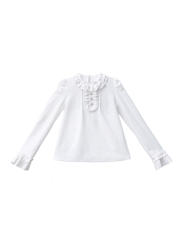 Chemise à col, ruban, carreaux + volants, épaules françaises, vert forêt