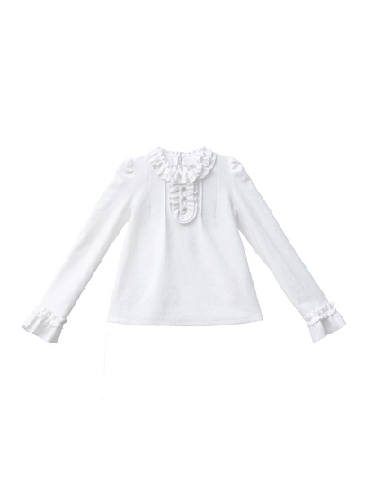 Chemise à col, ruban, carreaux + volants, épaules françaises, vert forêt