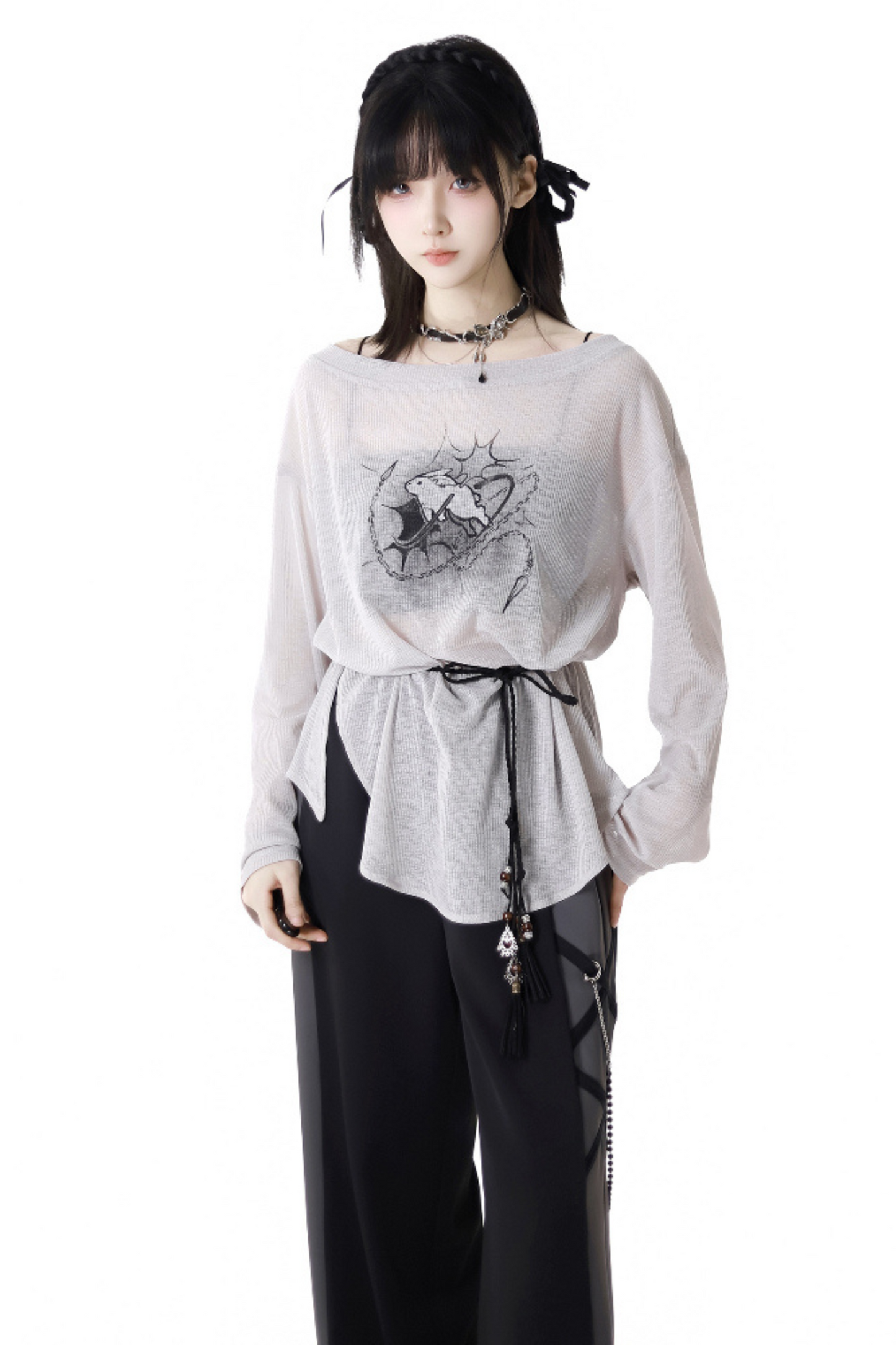 Mode top T-shirt pants wide + design lace-up waist